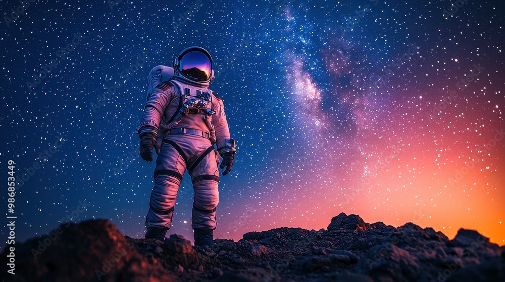 Astronaut Standing on a Rocky Planet Under a Starry Sky Astronaut Standing on a Rocky Planet Under a Starry Sky