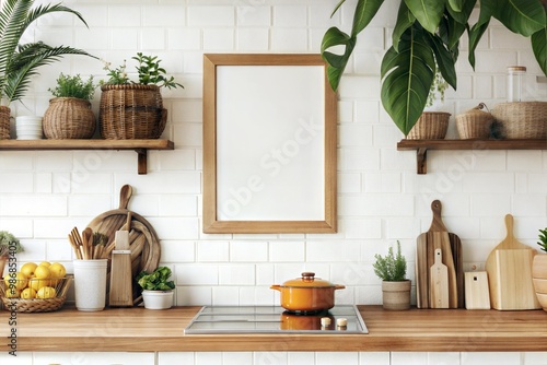 Photo Frame mockup in nomadic boho kitchen interior with rustic decor, 3d render photo