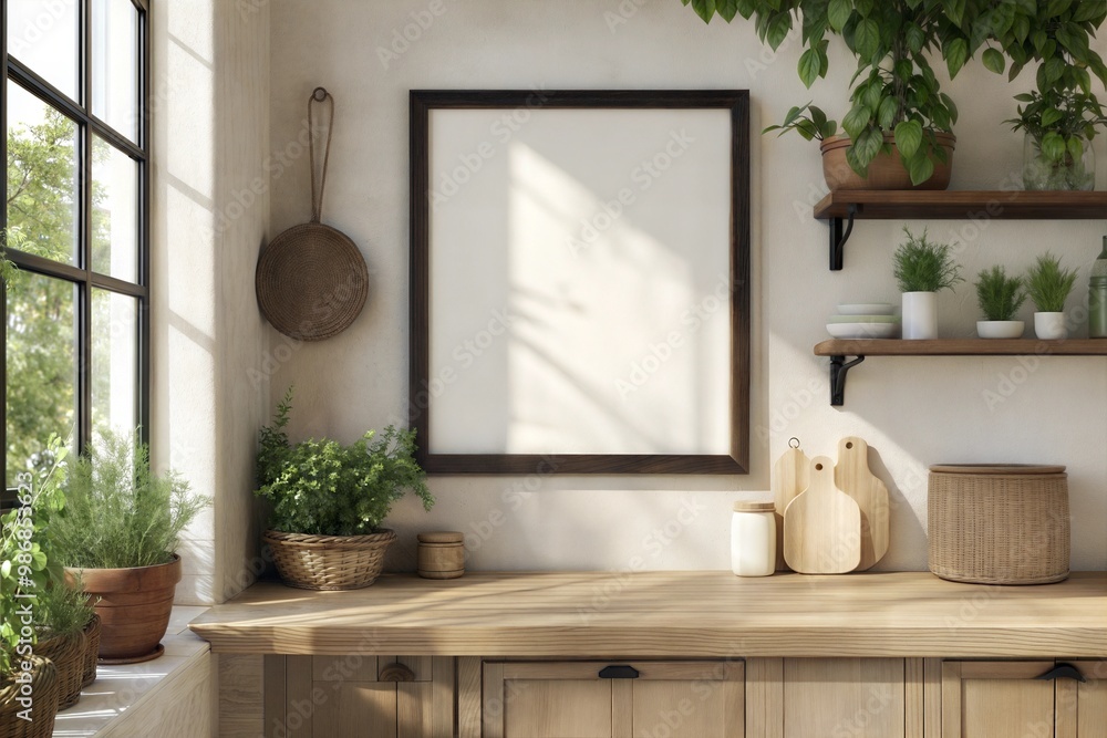 Photo Frame mockup in nomadic boho kitchen interior with rustic decor, 3d render Photo Frame mockup in nomadic boho kitchen interior with rustic decor, 3d render