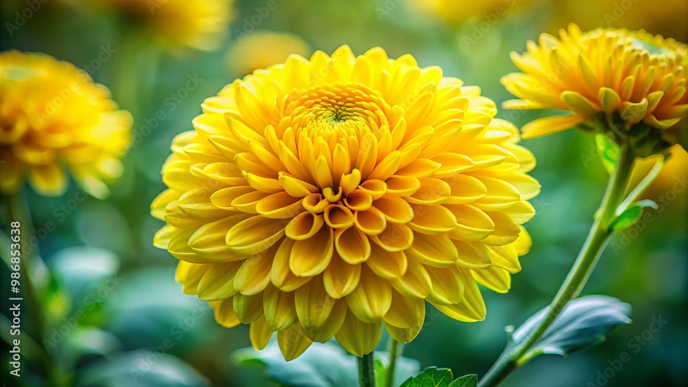 Vivid yellow chrysanthemum blooms against a soft green backdrop, radiating autumnal elegance and warmth, exuding a Vivid yellow chrysanthemum blooms against a soft green backdrop, radiating autumnal elegance and warmth, exuding a