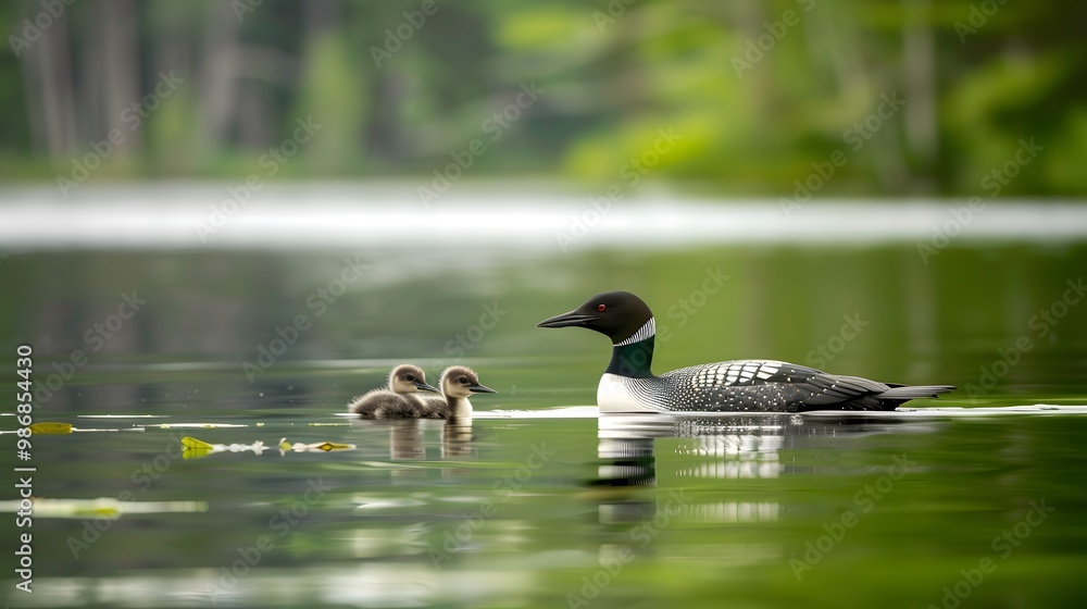 Adult loon caring for its baby chick in a peaceful lake setting. Adult loon caring for its baby chick in a peaceful lake setting.