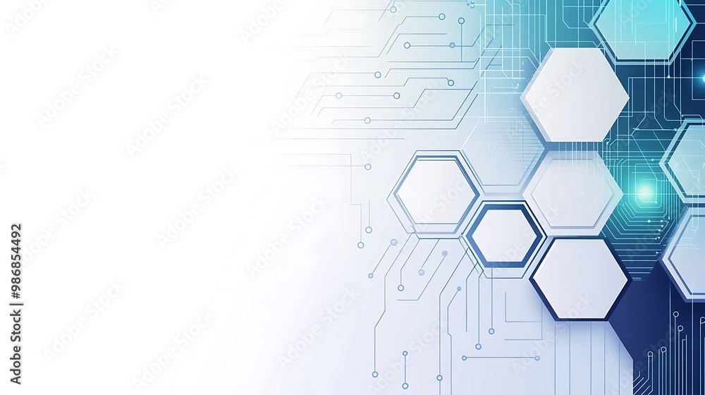Abstract technology background with white hexagons on blue circuit board. Abstract technology background with white hexagons on blue circuit board.