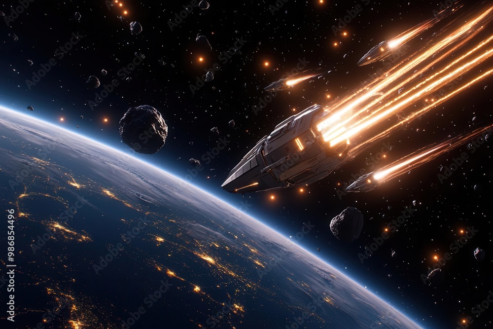 Fototapeta premium Massive space carrier releasing smaller drones and shuttles, surrounded by asteroids, futuristic spacecraft, fleet operations