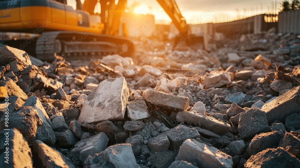 Construction Site Rubble and Debris with Excavator in the Background Construction Site Rubble and Debris with Excavator in the Background