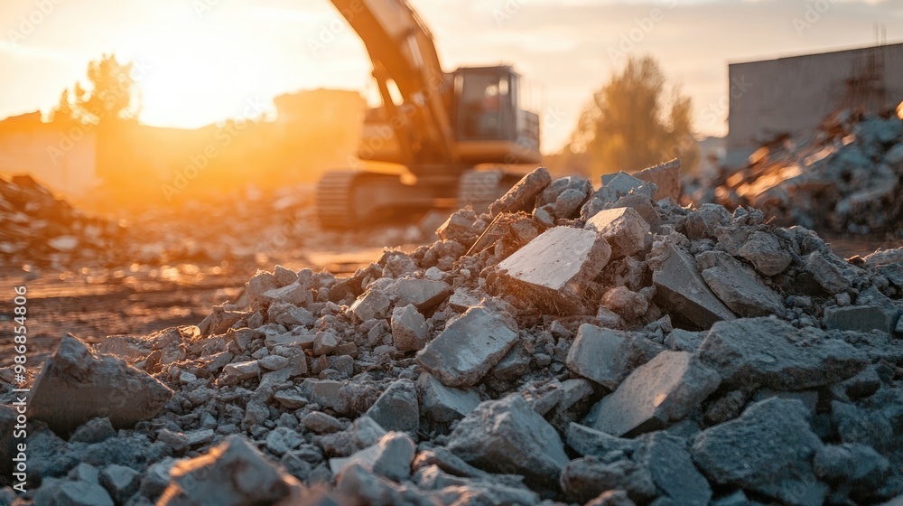Construction Site Rubble and Debris with Excavator in the Background Construction Site Rubble and Debris with Excavator in the Background