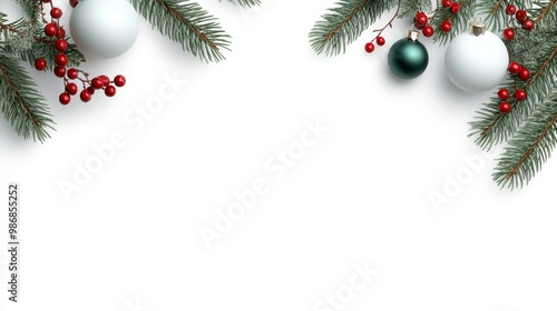 Christmas ornament border with pine branches, red berries, and white ornaments. Perfect for holiday cards, invitations, and social media posts.