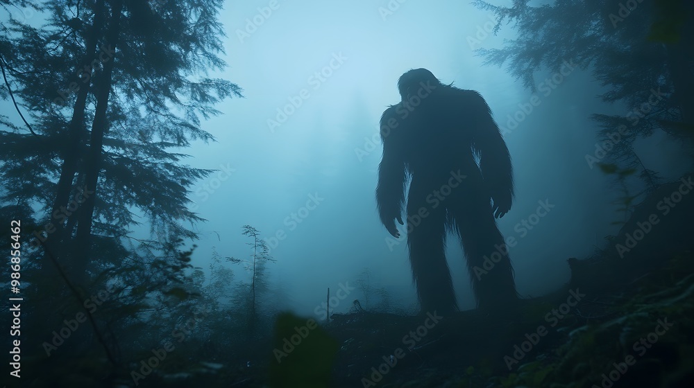 A shadowy, towering figure resembling Bigfoot emerges from the mist in a dense, eerie forest. A shadowy, towering figure resembling Bigfoot emerges from the mist in a dense, eerie forest.