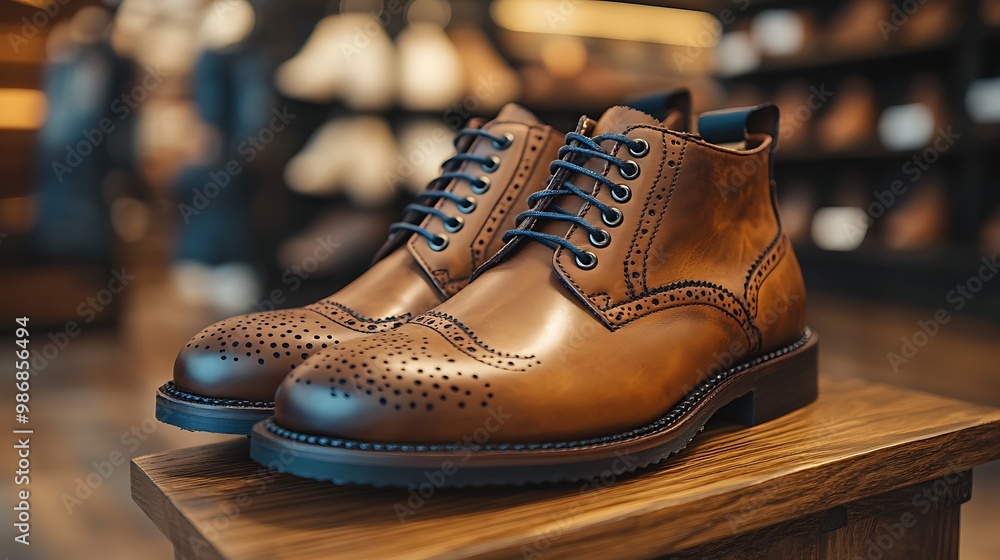 A pair of brown leather boots with laces on a wooden shelf in a shop. A pair of brown leather boots with laces on a wooden shelf in a shop.