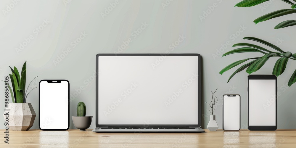 Digital devices including a tablet, smartphone, and laptop, arranged on a contemporary desk with a clean background, showcasing their elegant design and advanced features Digital devices including a tablet, smartphone, and laptop, arranged on a contemporary desk with a clean background, showcasing their elegant design and advanced features