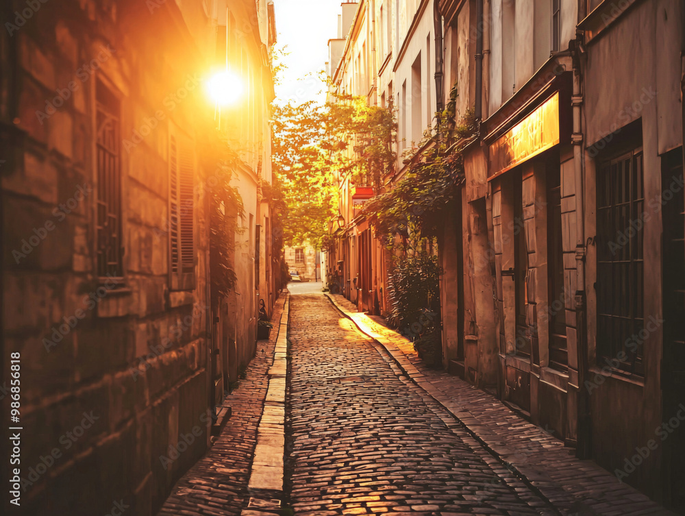 A narrow alleyway with a brick walkway and a few trees A narrow alleyway with a brick walkway and a few trees