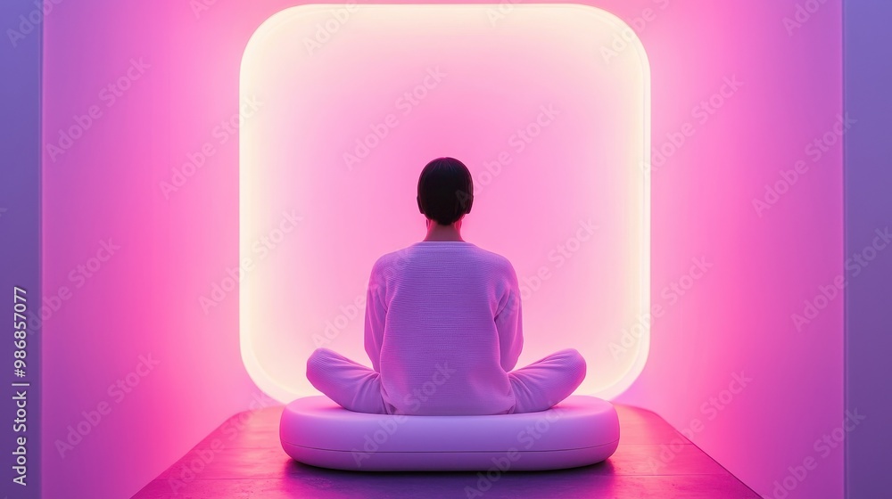 A man is sitting on a white pillow in a pink room A man is sitting on a white pillow in a pink room
