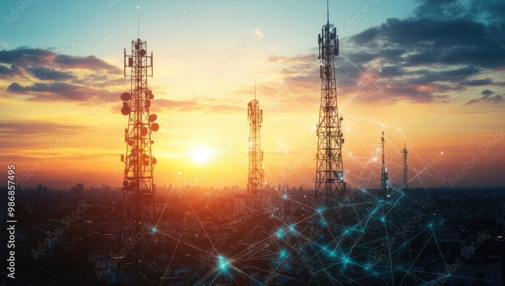 Fototapeta premium City View with Communication Towers and Glowing Lines