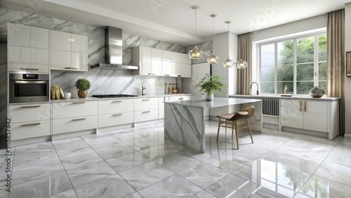 White ceramic kitchen floor tiles with a subtle, cloudy gray marbling pattern add warmth and sophistication to the