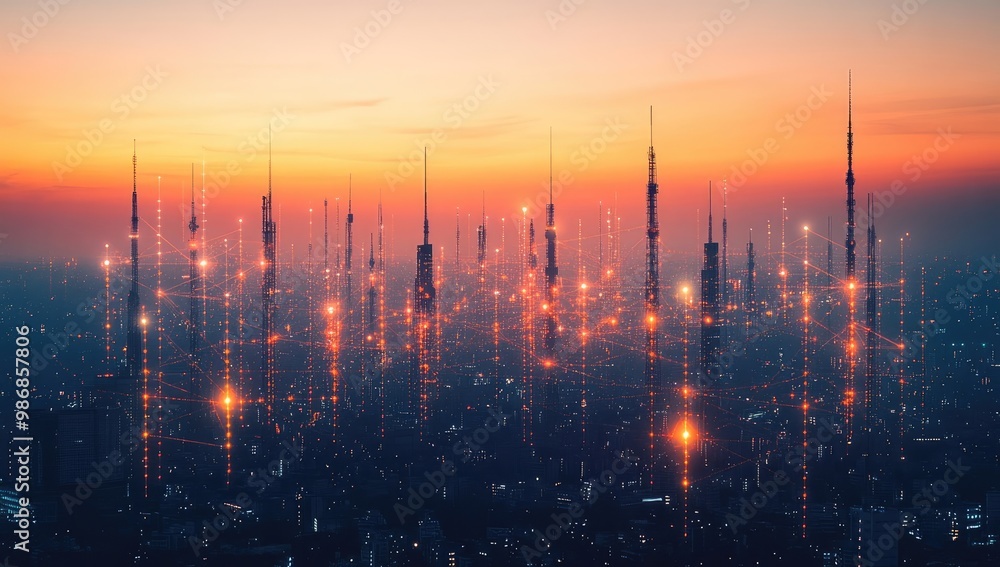 City View with Communication Towers and Glowing Lines City View with Communication Towers and Glowing Lines