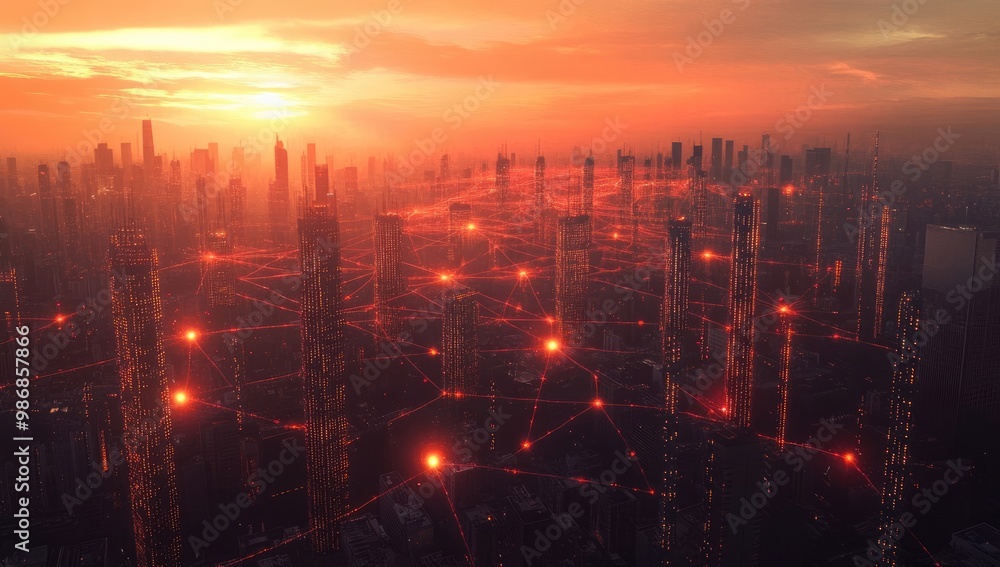 City View with Communication Towers and Glowing Lines City View with Communication Towers and Glowing Lines