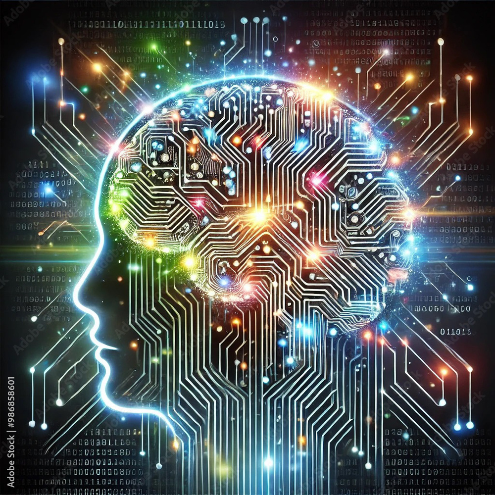 Abstract concept of artificial intelligence, with a glowing human brain made of circuit lines and binary code, symbolizing AI and technology integration Abstract concept of artificial intelligence, with a glowing human brain made of circuit lines and binary code, symbolizing AI and technology integration