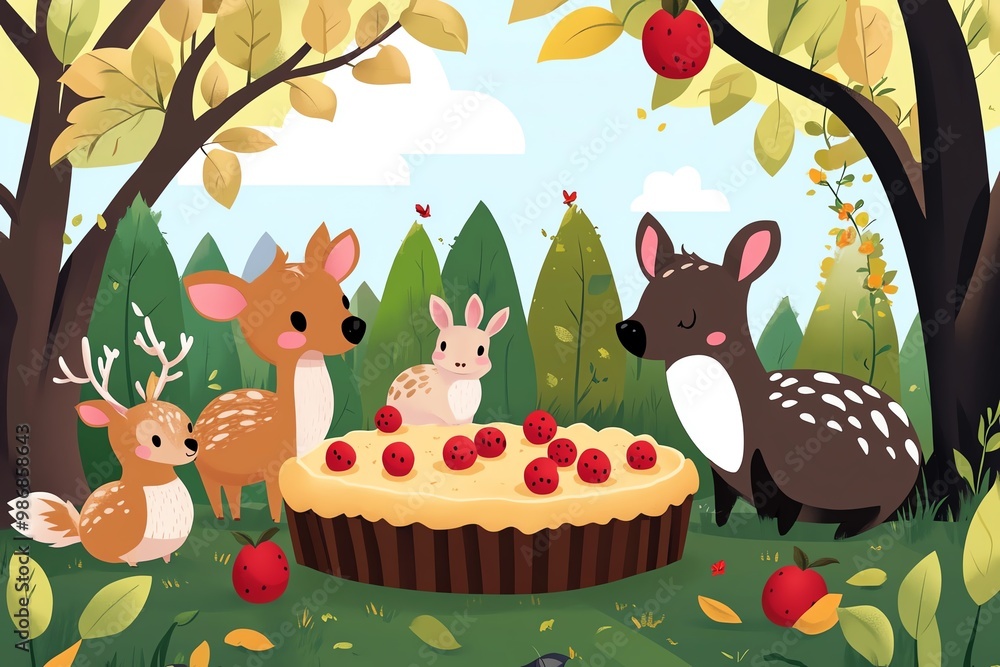 Forest animals enjoy a berry pie feast. Forest animals enjoy a berry pie feast.