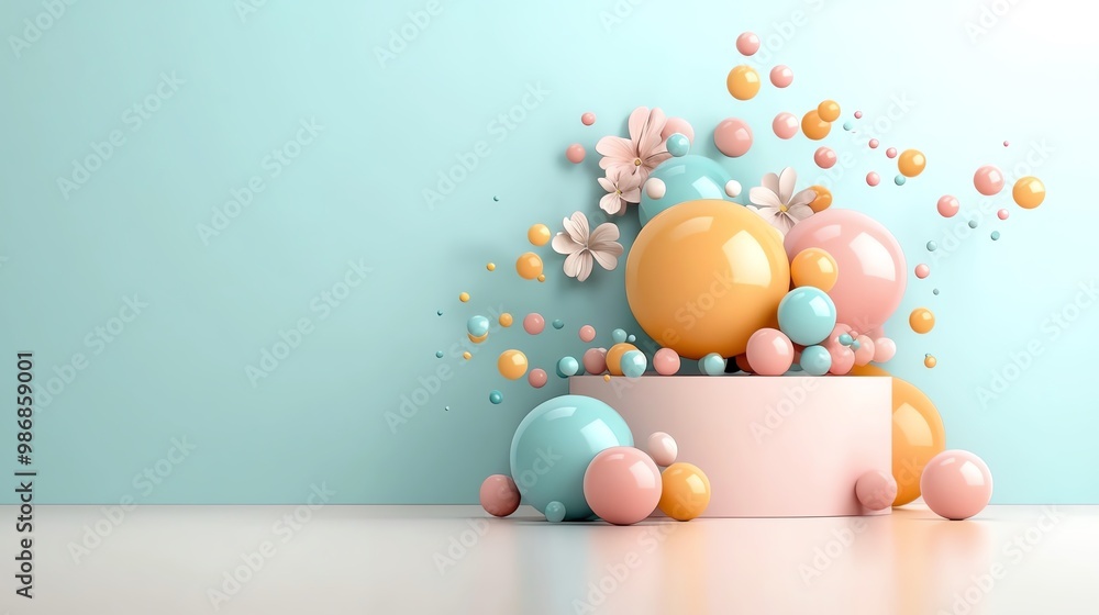 Fototapeta premium Abstract geometric shapes with reflections, vibrant color palette, 3D illustration