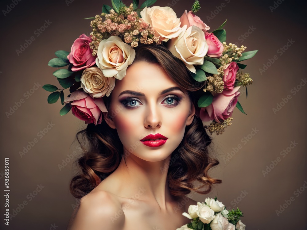 With an elegant smile, the young woman's features radiate beauty, her hair adorned with stylish flowers that enhance With an elegant smile, the young woman's features radiate beauty, her hair adorned with stylish flowers that enhance