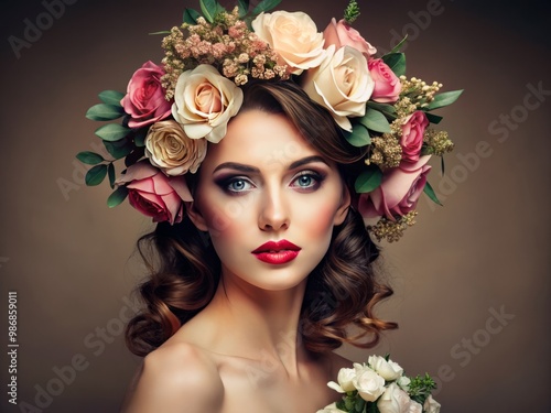 With an elegant smile, the young woman's features radiate beauty, her hair adorned with stylish flowers that enhance