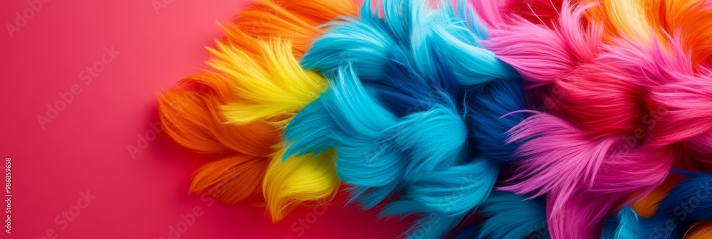 Fototapeta premium Swirling Multicolored Fur Fibers on Pink Background, abstract, colorful, vibrant, textured, creative