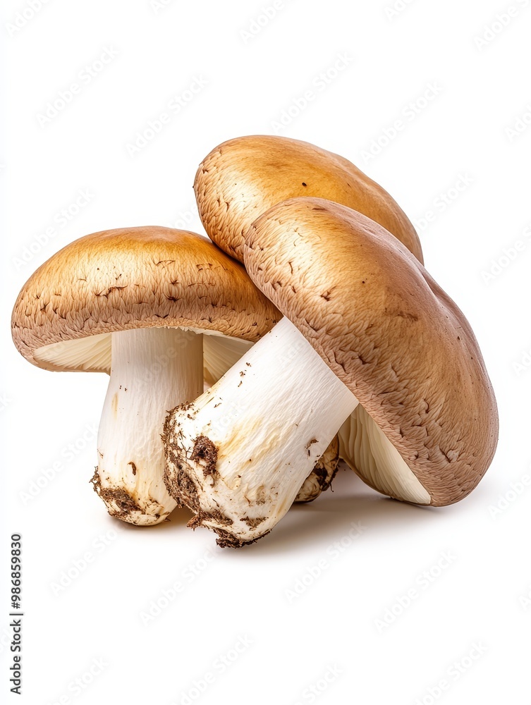 Three fresh brown cap mushrooms isolated on a white background, ready to be used in cooking or for a delicious meal. Three fresh brown cap mushrooms isolated on a white background, ready to be used in cooking or for a delicious meal.