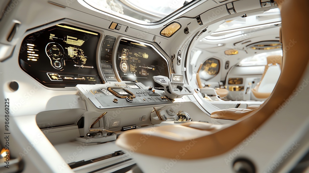 Futuristic spaceship interior, control panels with glowing displays, 3D illustration Futuristic spaceship interior, control panels with glowing displays, 3D illustration