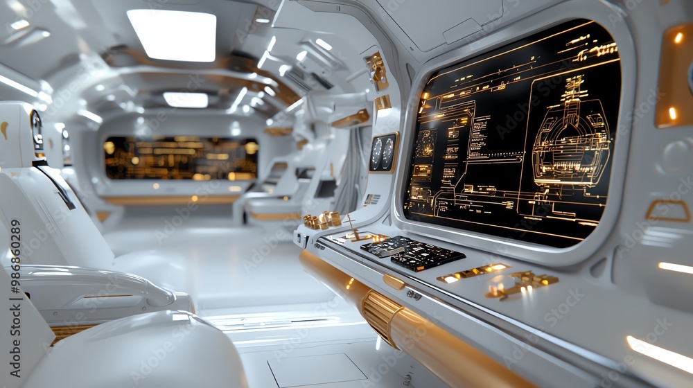 Fototapeta premium Futuristic spaceship interior, control panels with glowing displays, 3D illustration