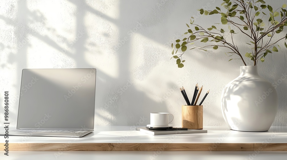 Minimalist workspace, sleek furniture and technology, 3D illustration Minimalist workspace, sleek furniture and technology, 3D illustration