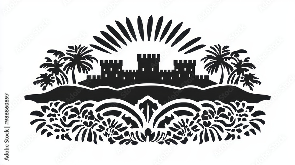 Black and White Silhouette of a Castle with Palm Trees and Flowers Black and White Silhouette of a Castle with Palm Trees and Flowers