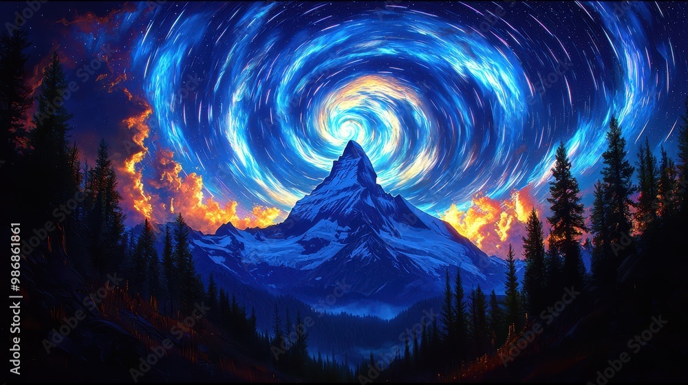 Fototapeta premium Mystical Mountain Night Sky with Star Trails and Aurora Borealis