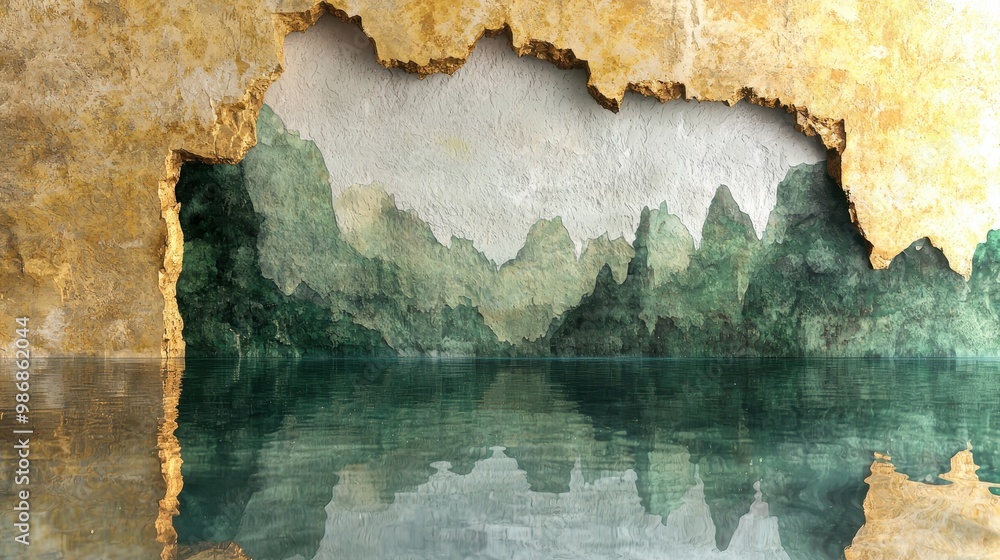 Obraz premium Abstract Mountain Landscape in Cracked Wall with Water Reflection