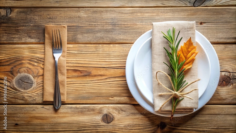 Rustic Table Setting with Fork, Napkin, and Fall Leaf Decoration Rustic Table Setting with Fork, Napkin, and Fall Leaf Decoration