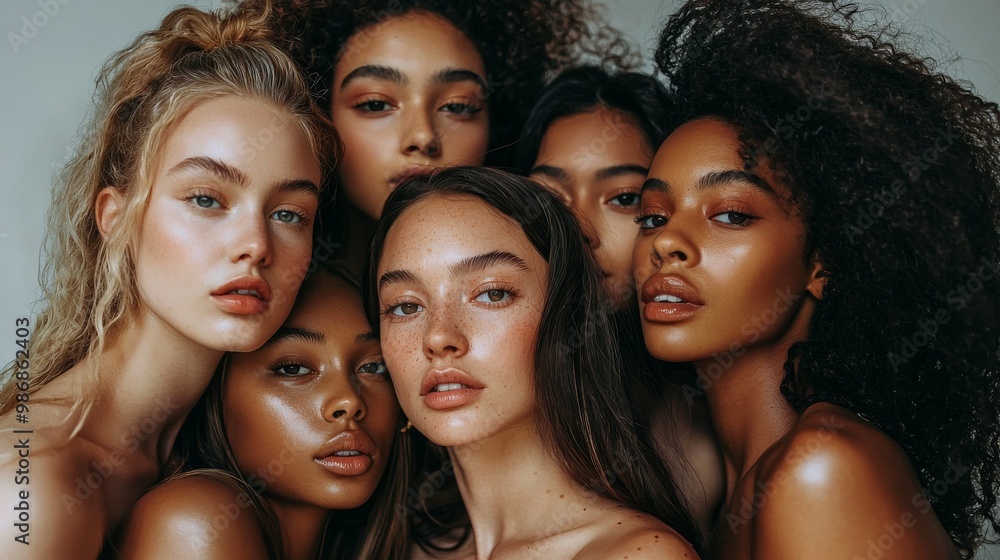 Obraz premium Beauty photography featuring a diverse group of models with glowing skin and perfect makeup, shot under studio lighting