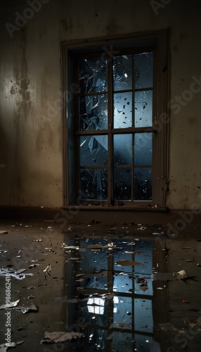 Broken Glass on the Floor from a Smashed Window – Urban Decay and Mystery photo