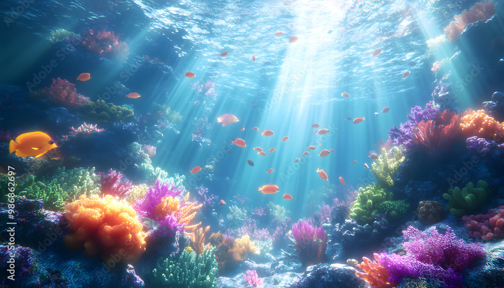 A dreamy underwater scene with schools of colorful fish, corals, and rays of sunlight penetrating through the water’s surface A dreamy underwater scene with schools of colorful fish, corals, and rays of sunlight penetrating through the water’s surface