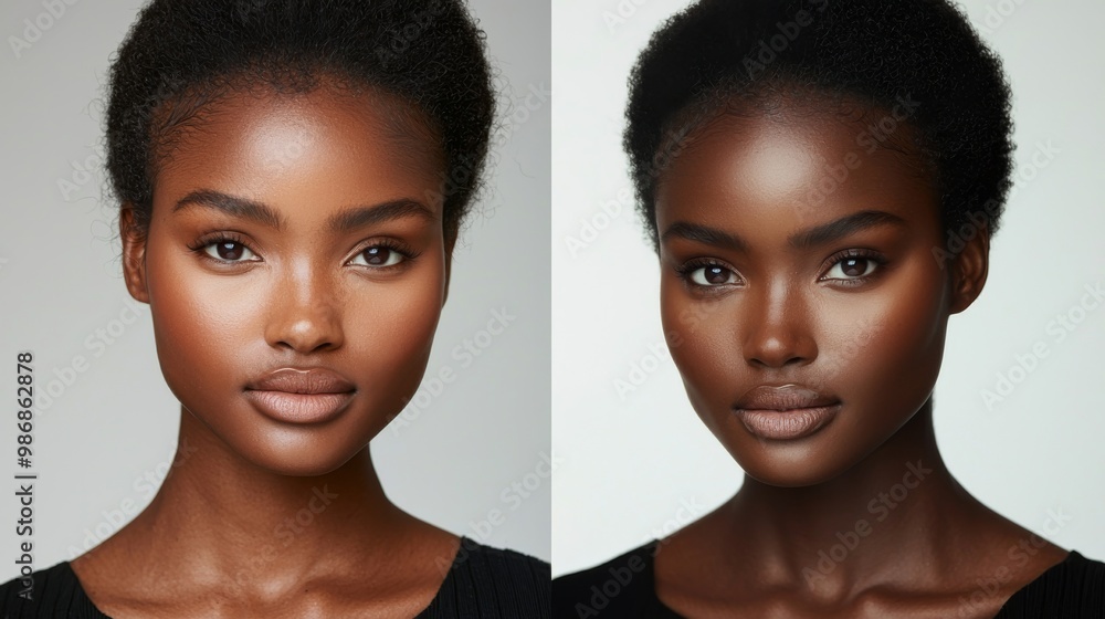 Before and after beauty photography showcasing the difference in complexion and makeup application, with precise lighting and minimal editing Before and after beauty photography showcasing the difference in complexion and makeup application, with precise lighting and minimal editing
