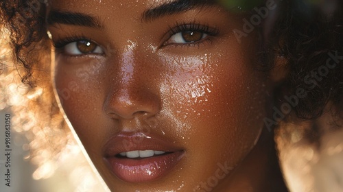 Close-up shot of radiant skin showcasing a model's glowing complexion under soft lighting, emphasizing natural beauty and skincare perfection photo