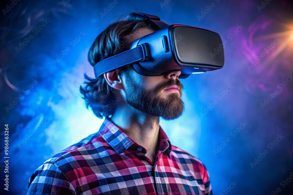 A man wearing a virtual reality headset is looking at a screen A man wearing a virtual reality headset is looking at a screen