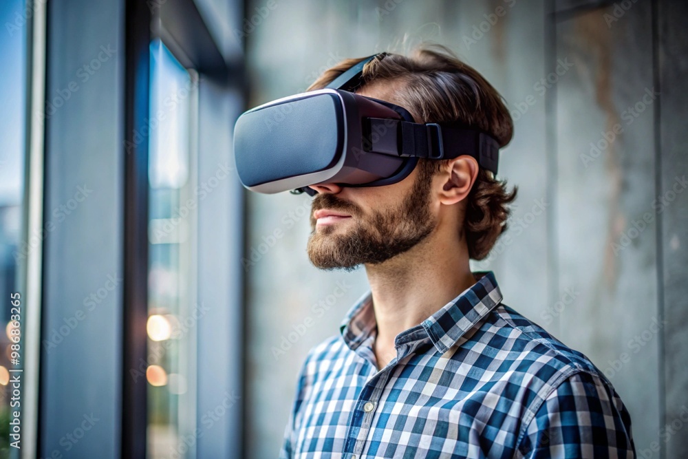 A man wearing a virtual reality headset is looking at a screen A man wearing a virtual reality headset is looking at a screen