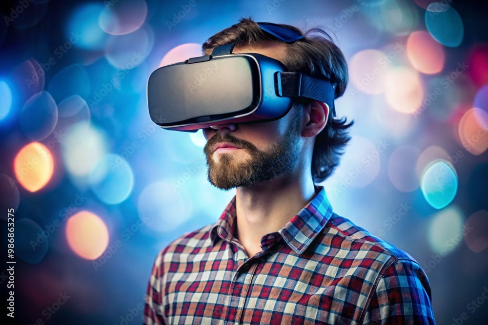 A man wearing a virtual reality headset is looking at a screen A man wearing a virtual reality headset is looking at a screen