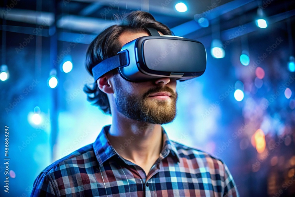 A man wearing a virtual reality headset is looking at a screen A man wearing a virtual reality headset is looking at a screen
