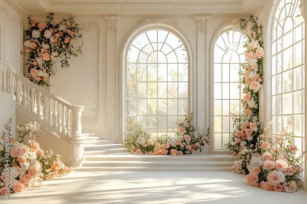 Beautiful wedding backdrop with flowers and staircase generative AI Beautiful wedding backdrop with flowers and staircase generative AI