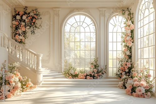 Beautiful wedding backdrop with flowers and staircase generative AI