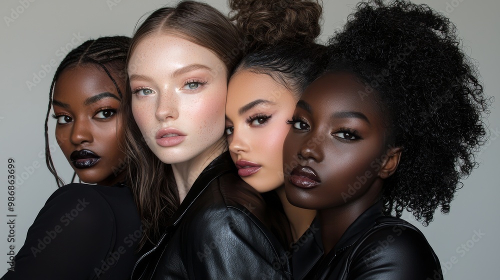 Elegant beauty photography with multiple models, showcasing various skin tones and makeup styles under soft lighting Elegant beauty photography with multiple models, showcasing various skin tones and makeup styles under soft lighting