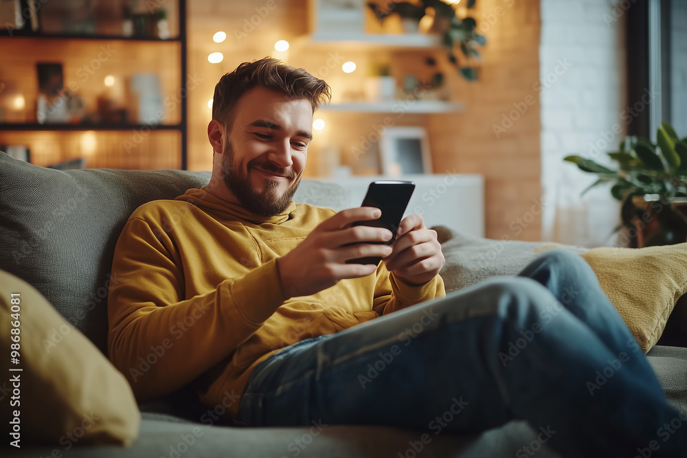 A man smiles while using his smartphone, relaxing on a cozy couch in a warmly lit room adorned with plants and soft furnishings. A man smiles while using his smartphone, relaxing on a cozy couch in a warmly lit room adorned with plants and soft furnishings.