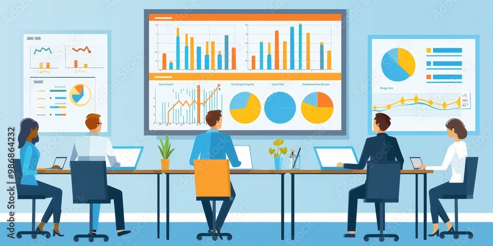 Fototapeta premium Modern office setting with a team reviewing successful business strategies and outcomes, featuring positive performance metrics and celebration elements highlighting their success