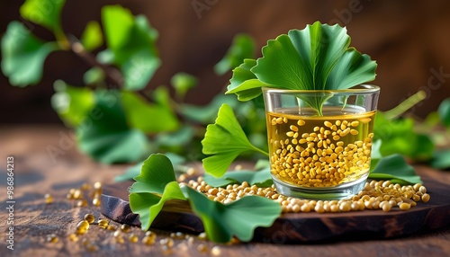 Healing elixir of ginkgo biloba seeds and leaves in a glass, showcasing the therapeutic essence of herbal medicine with space for informative details photo