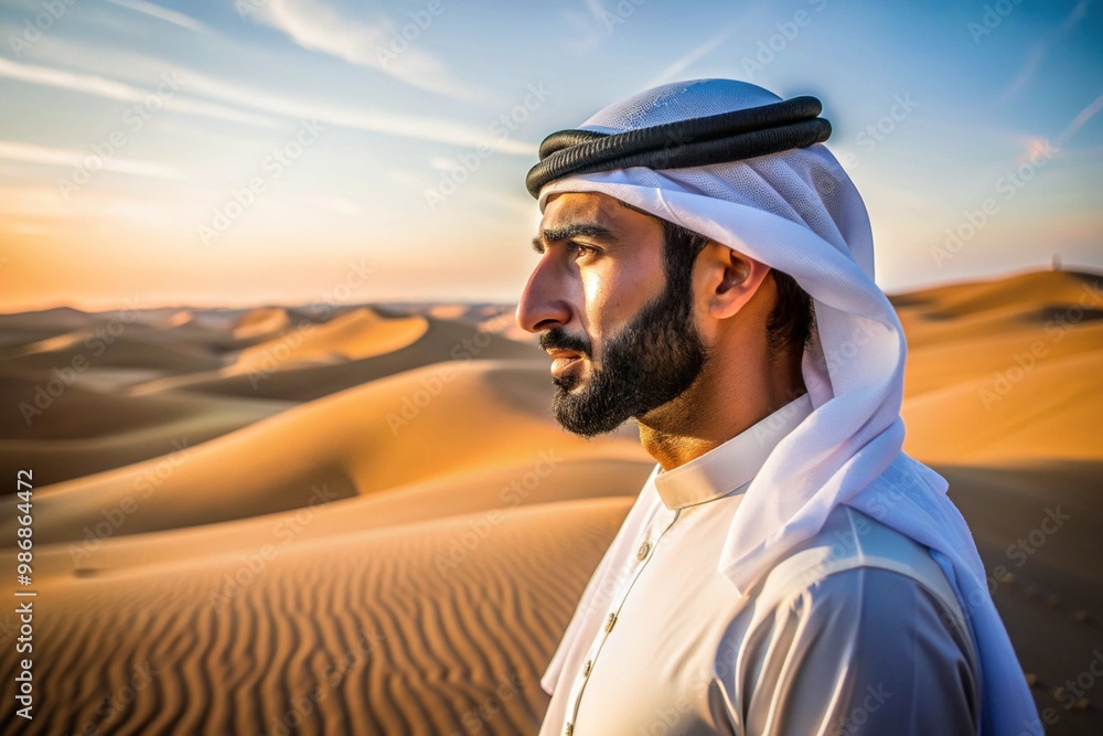A man wearing a white shirt and a red and white scarf stands in a desert A man wearing a white shirt and a red and white scarf stands in a desert