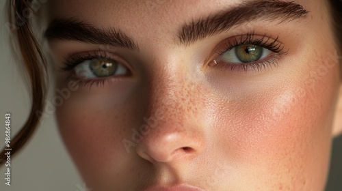 Studio lighting beauty shot focusing on the face, using soft light to bring out perfect skin tones and fine makeup details